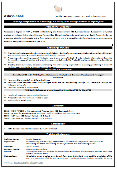 Resume for freshers in mba finance